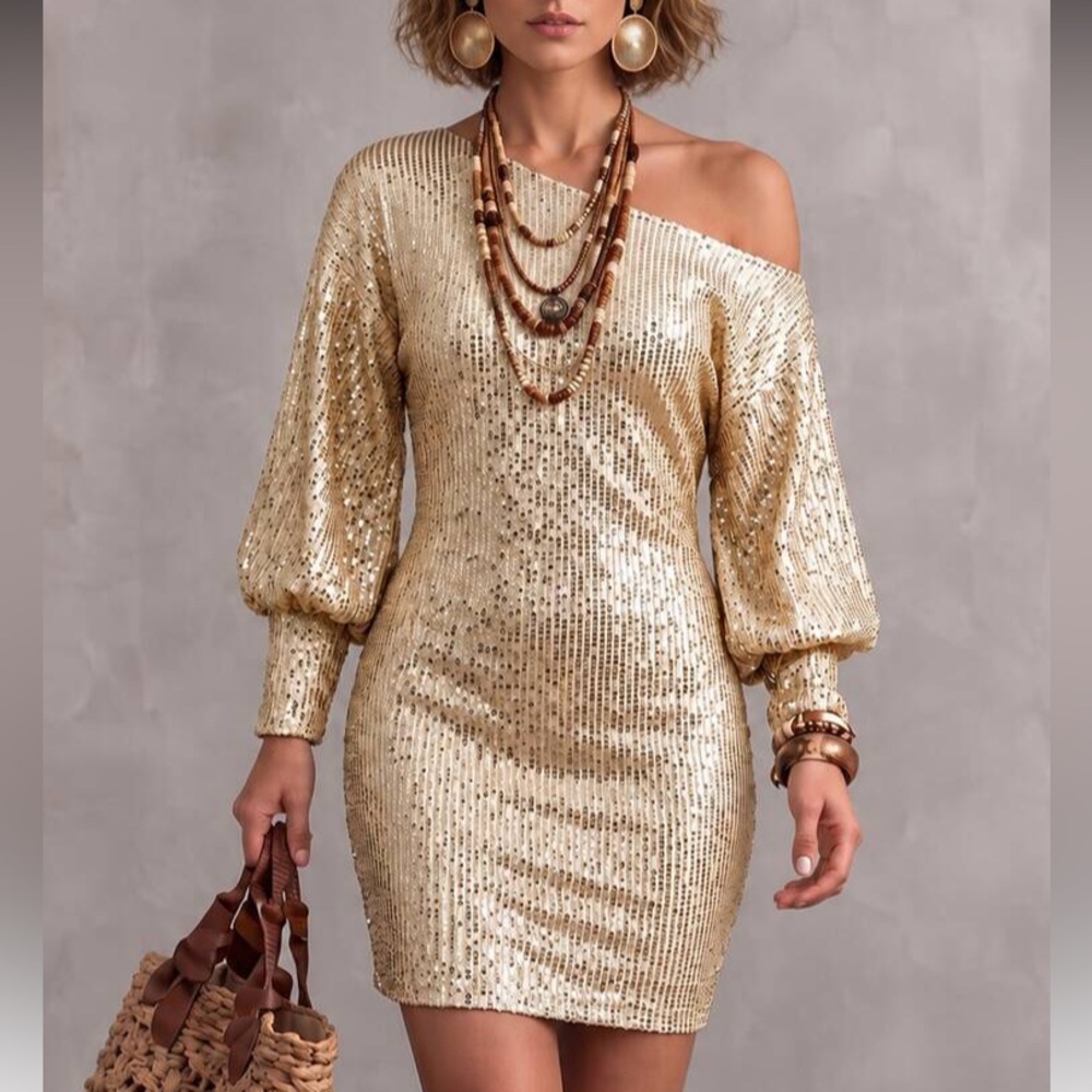Luxe off shoulder slit sleeve party holidays formal sequins mini dress